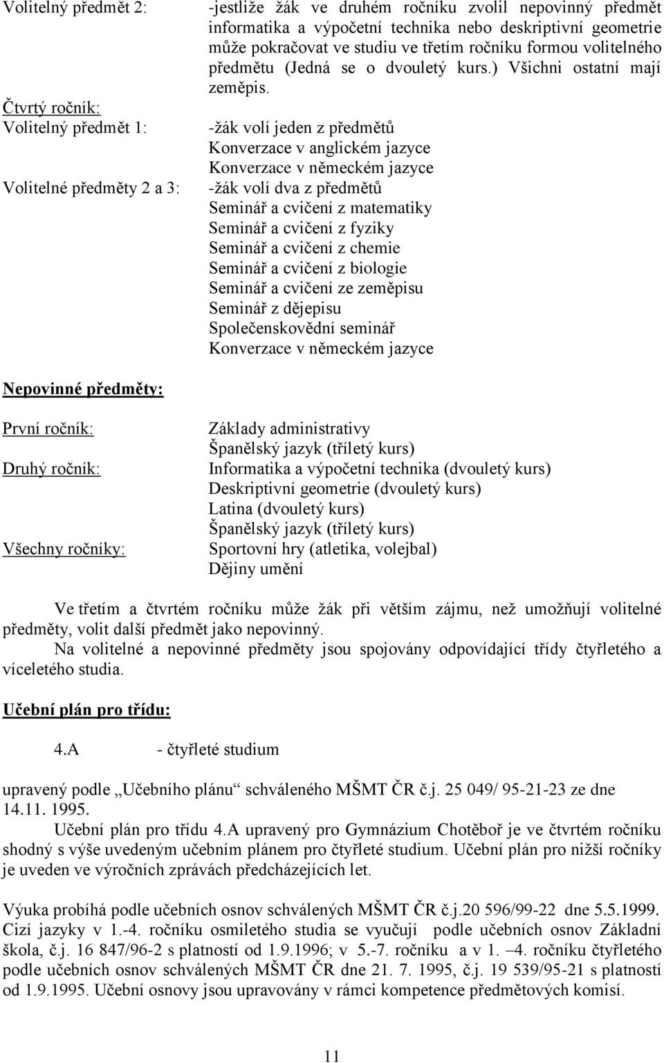 -žák volí jeden z předmětů Konverzace v anglickém jazyce Konverzace v německém jazyce -žák volí dva z předmětů Seminář a cvičení z matematiky Seminář a cvičení z fyziky Seminář a cvičení z chemie