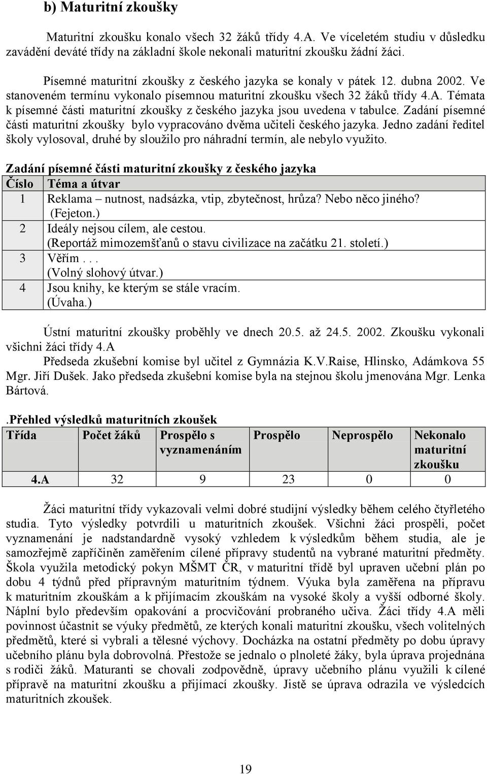 Témata k písemné části maturitní zkoušky z českého jazyka jsou uvedena v tabulce. Zadání písemné části maturitní zkoušky bylo vypracováno dvěma učiteli českého jazyka.