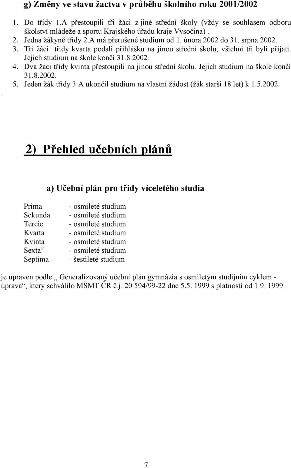 srpna 2002. 3. Tři žáci třídy kvarta podali přihlášku na jinou střední školu, všichni tři byli přijati. Jejich studium na škole končí 31.8.2002. 4.