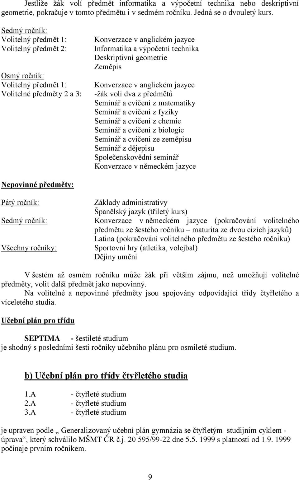 geometrie Zeměpis Konverzace v anglickém jazyce -žák volí dva z předmětů Seminář a cvičení z matematiky Seminář a cvičení z fyziky Seminář a cvičení z chemie Seminář a cvičení z biologie Seminář a