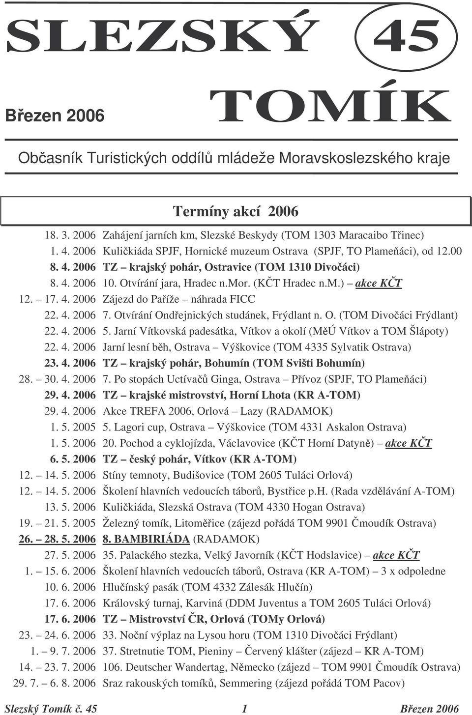 Otvírání Ondejnických studánek, Frýdlant n. O. (TOM Divoáci Frýdlant) 22. 4. 2006 5. Jarní Vítkovská padesátka, Vítkov a okolí (MÚ Vítkov a TOM Šlápoty) 22. 4. 2006 Jarní lesní bh, Ostrava Výškovice (TOM 4335 Sylvatik Ostrava) 23.