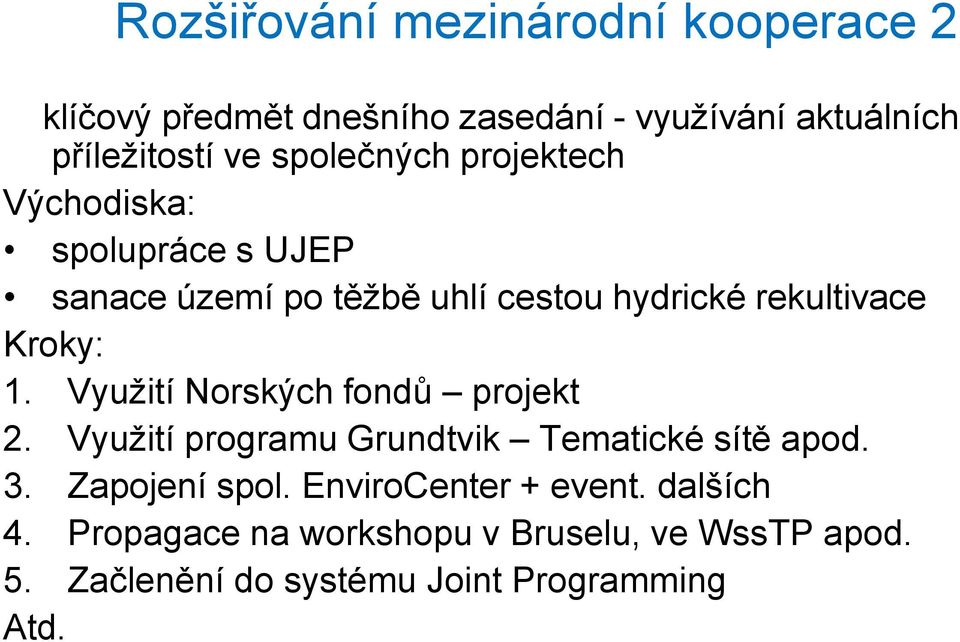 1. Využití Norských fondů projekt 2. Využití programu Grundtvik Tematické sítě apod. 3. Zapojení spol.