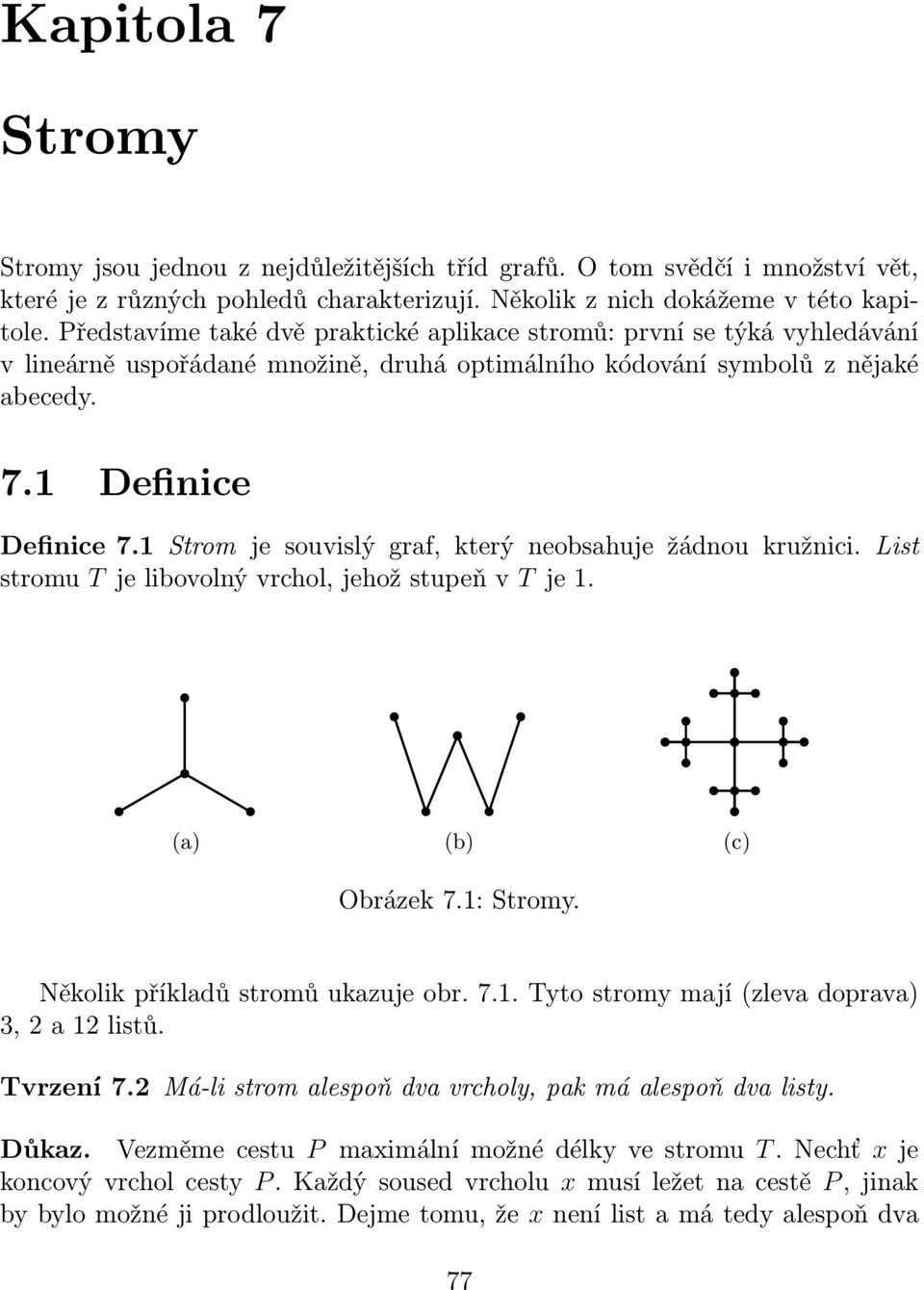 1 Strom je souvislý graf, který neobsahuje žádnou kružnici. List stromu T je libovolný vrchol, jehož stupeň v T je 1. (a) (b) (c) Obrázek 7.1: Stromy. Několik příkladů stromů ukazuje obr. 7.1. Tyto stromy mají (zleva doprava) 3, 2 a 12 listů.