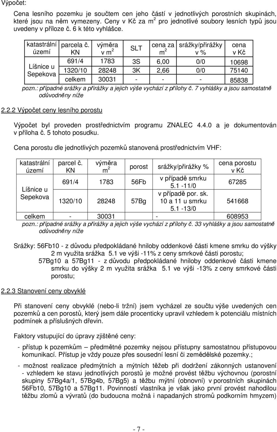 výměra cena za srážky/přirážky cena území KN v m 2 SLT m 2 v % v Kč 691/4 1783 3S 6,00 0/0 10698 Líšnice u 1320/10 28248 3K 2,66 0/0 75140 Sepekova celkem 30031 - - - 85838 pozn.