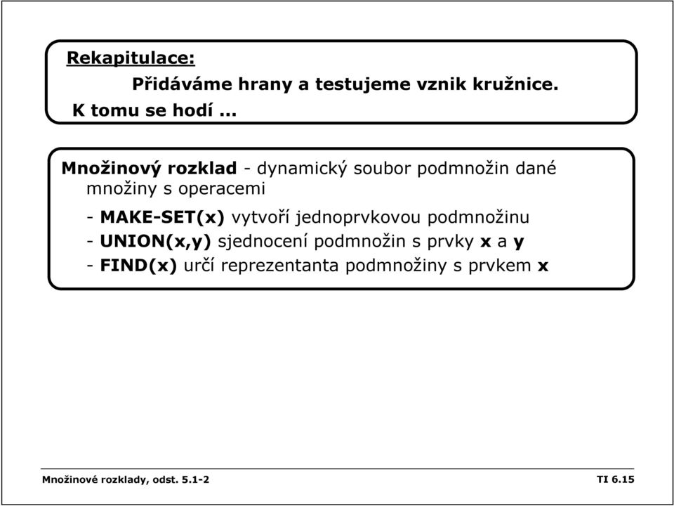 MAKE-SET(x) vytvoří jednoprvkovou podmnožinu - UNION(x,y) sjednocení podmnožin s