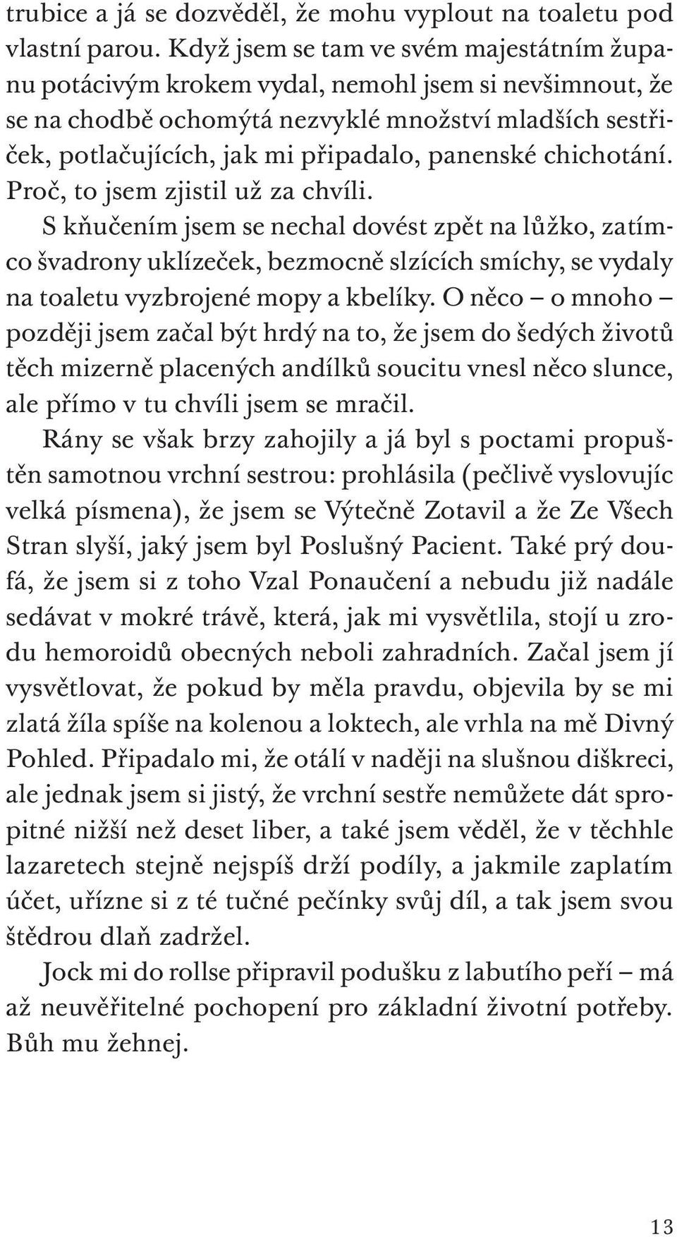 chichotání. Proč, to jsem zjistil už za chvíli. S kňučením jsem se nechal dovést zpět na lůžko, zatímco švadrony uklízeček, bezmocně slzících smíchy, se vydaly na toaletu vyzbrojené mopy a kbelíky.