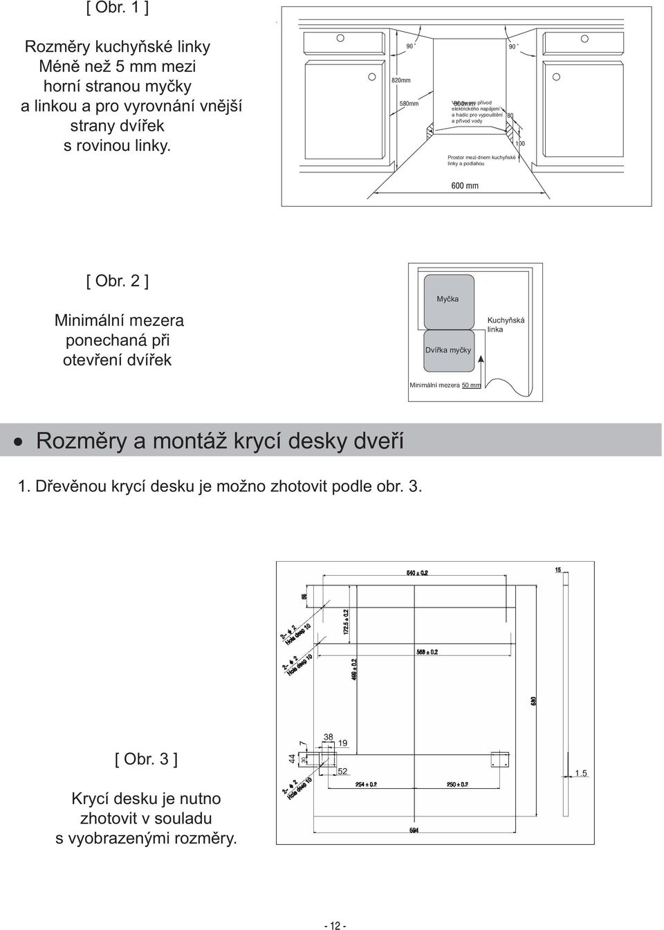 2 ] Minimální mezera ponechaná při otevření dvířek Myčka Dvířka myčky Kuchyňská linka Minimální mezera 50 mm Rozměry a montáž krycí desky