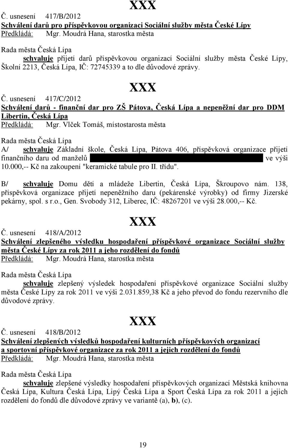 usnesení 417/C/2012 Schválení darů - finanční dar pro ZŠ Pátova, Česká Lípa a nepeněžní dar pro DDM Libertin, Česká Lípa A/ schvaluje Základní škole, Česká Lípa, Pátova 406, příspěvková organizace