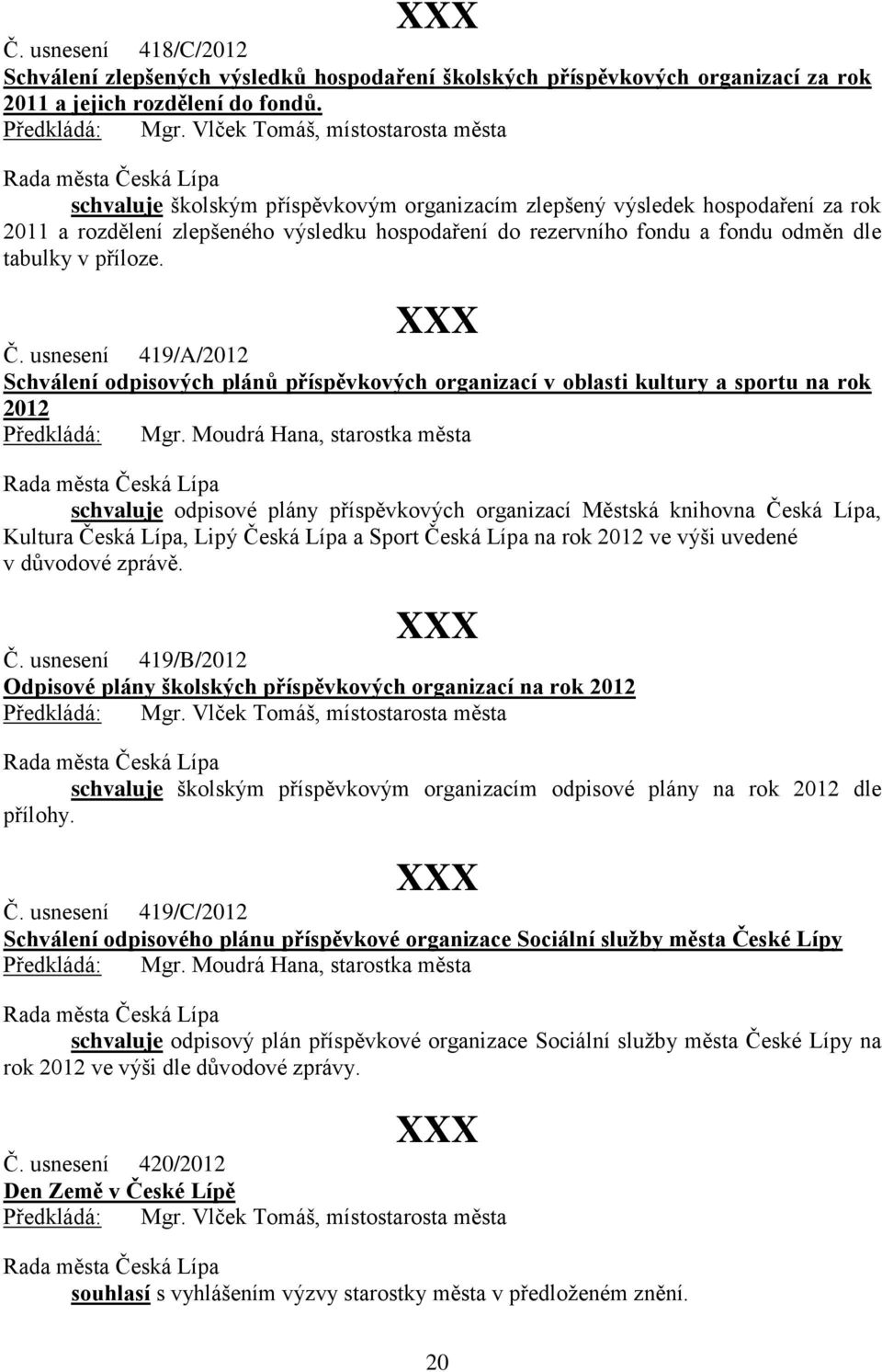 usnesení 419/A/2012 Schválení odpisových plánů příspěvkových organizací v oblasti kultury a sportu na rok 2012 schvaluje odpisové plány příspěvkových organizací Městská knihovna Česká Lípa, Kultura