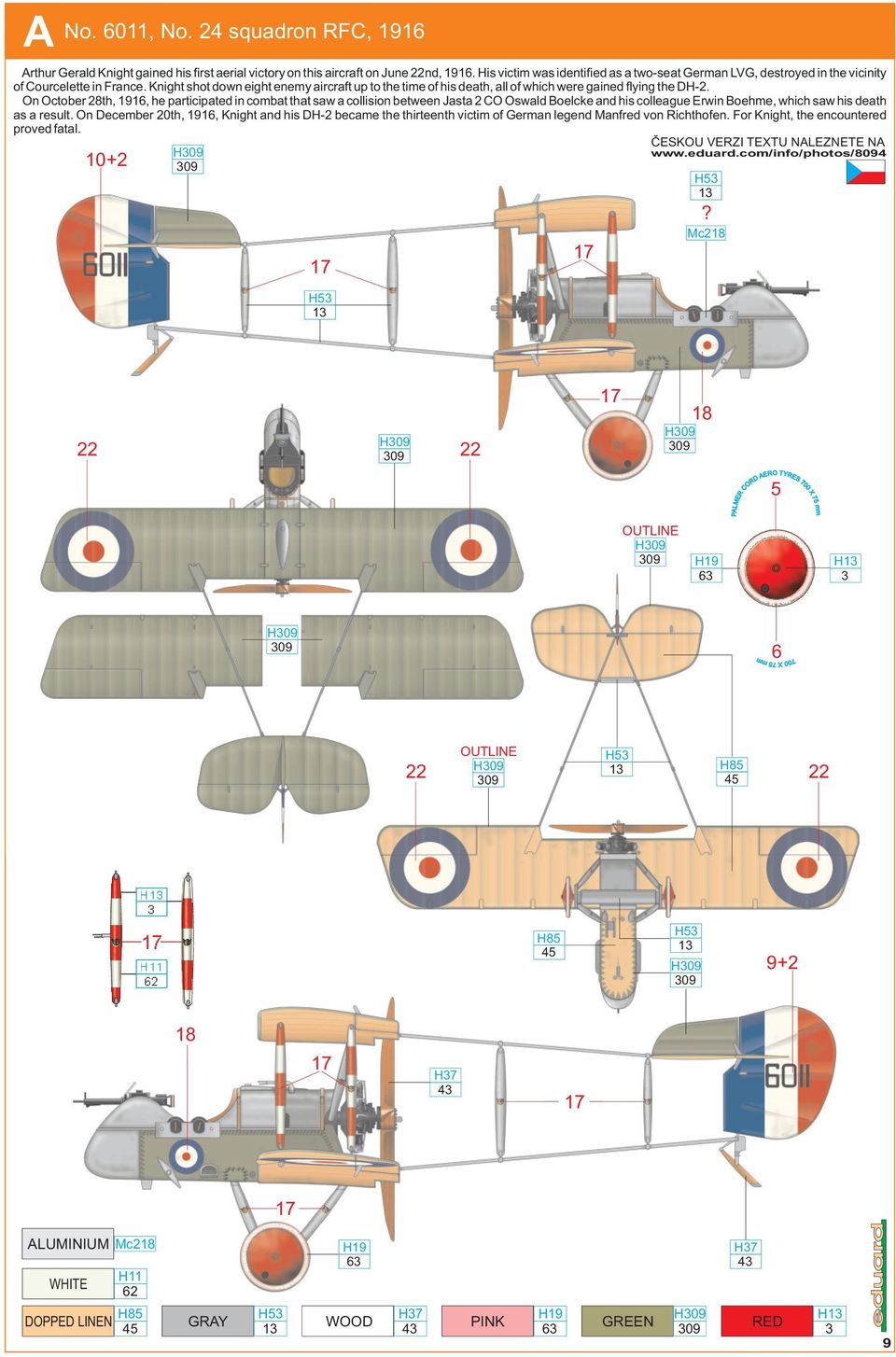 Knight shot down eight enemy aircraft up to the time of his death, all of which were gained flying the DH-2.