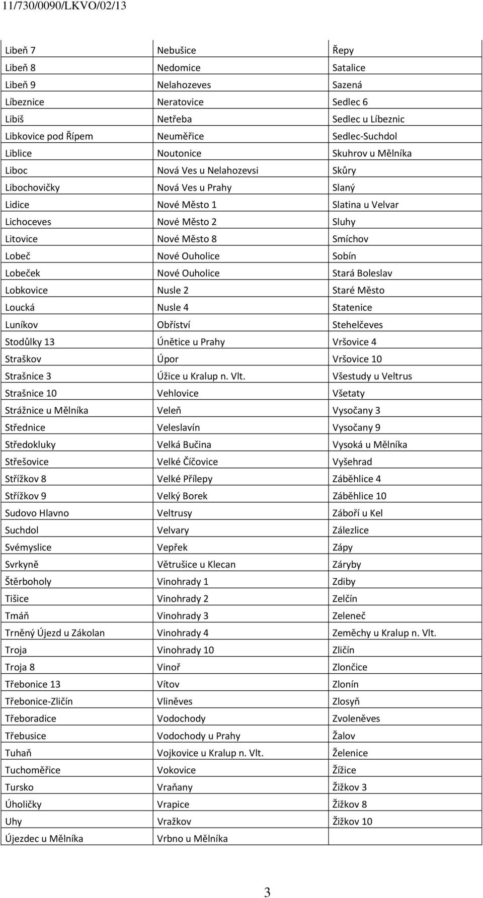Ouholice Sobín Lobeček Nové Ouholice Stará Boleslav Lobkovice Nusle 2 Staré Město Loucká Nusle 4 Statenice Luníkov Obříství Stehelčeves Stodůlky 13 Únětice u Prahy Vršovice 4 Straškov Úpor Vršovice