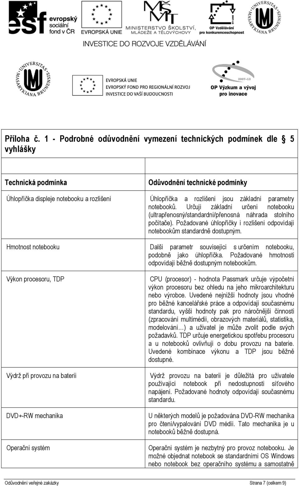 parametry notebooků. Určují základní určení notebooku (ultrapřenosný/standardní/přenosná náhrada stolního počítače). Požadované úhlopříčky i rozlišení odpovídají notebookům standardně dostupným.