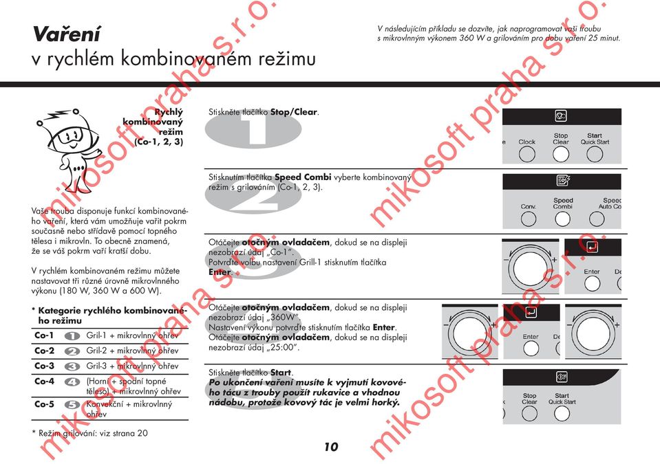 * Kategorie rychlého kombinovaného režimu Co-1 Gril-1 + mikrovlnný ohřev Co-2 Gril-2 + mikrovlnný ohřev Co-3 Gril-3 + mikrovlnný ohřev Co-4 (Horní + spodní topné těleso) + mikrovlnný ohřev Co-5