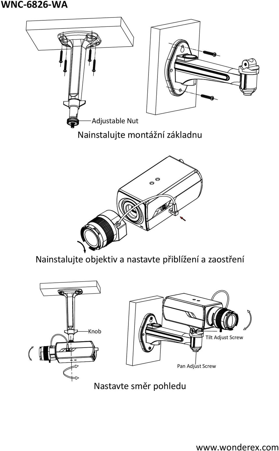 nastavte přiblížení a zaostření Knob Tilt