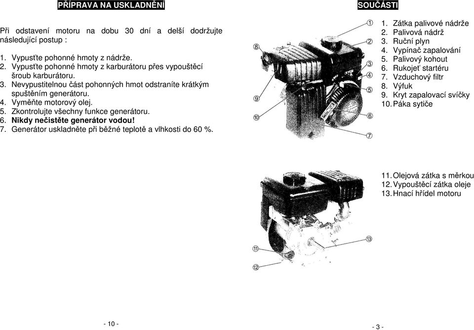 Zkontrolujte všechny funkce generátoru. 6. Nikdy nečistěte generátor vodou! 7. Generátor uskladněte při běžné teplotě a vlhkosti do 60 %. SOUČÁSTI 1. Zátka palivové nádrže 2.