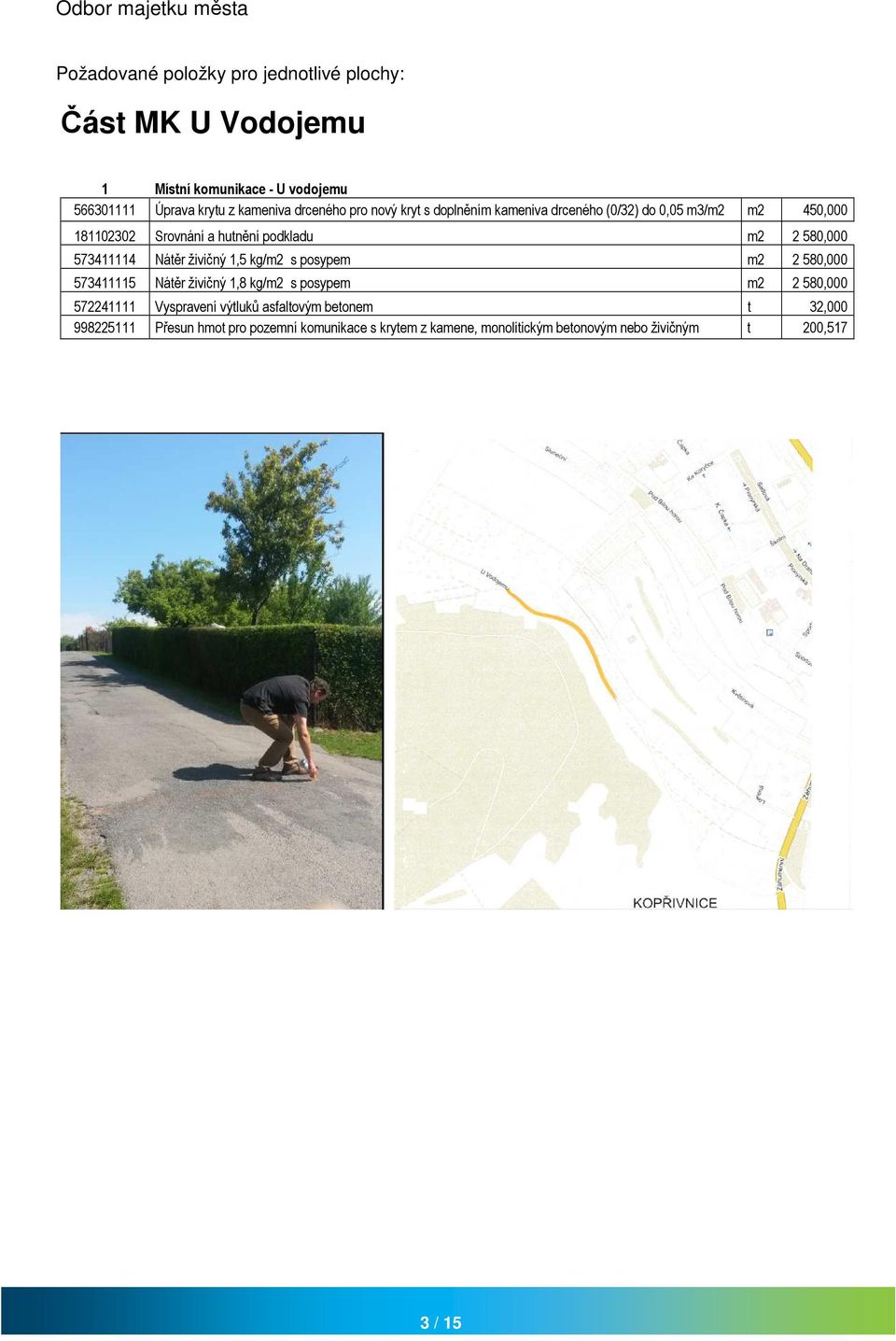 Nátěr živičný 1,5 kg/m2 s posypem m2 2 580,000 573411115 Nátěr živičný 1,8 kg/m2 s posypem m2 2 580,000 572241111 Vyspravení výtluků