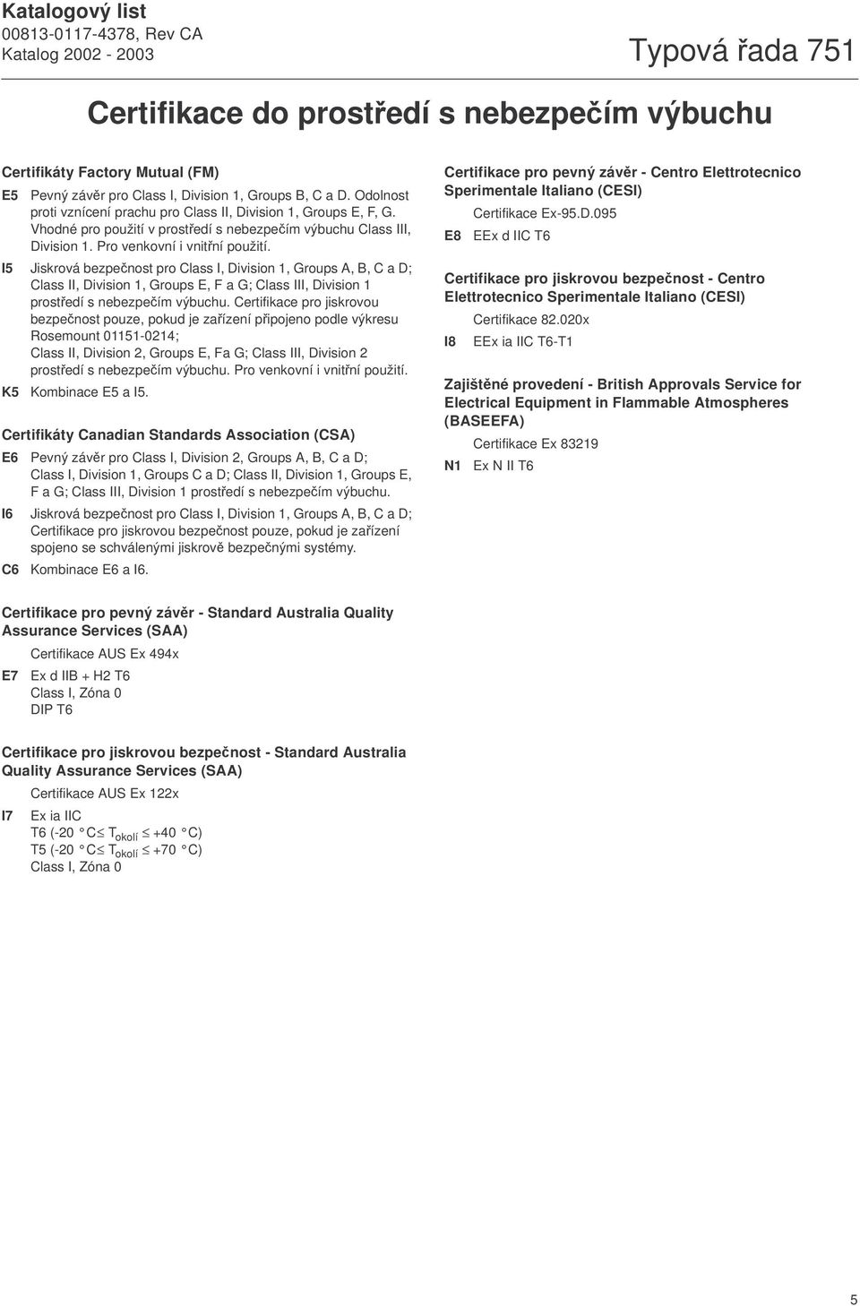 I5 Jiskrová bezpečnost pro Class I, Division 1, Groups A, B, C a D; Class II, Division 1, Groups E, F a G; Class III, Division 1 prostředí s nebezpečím výbuchu.