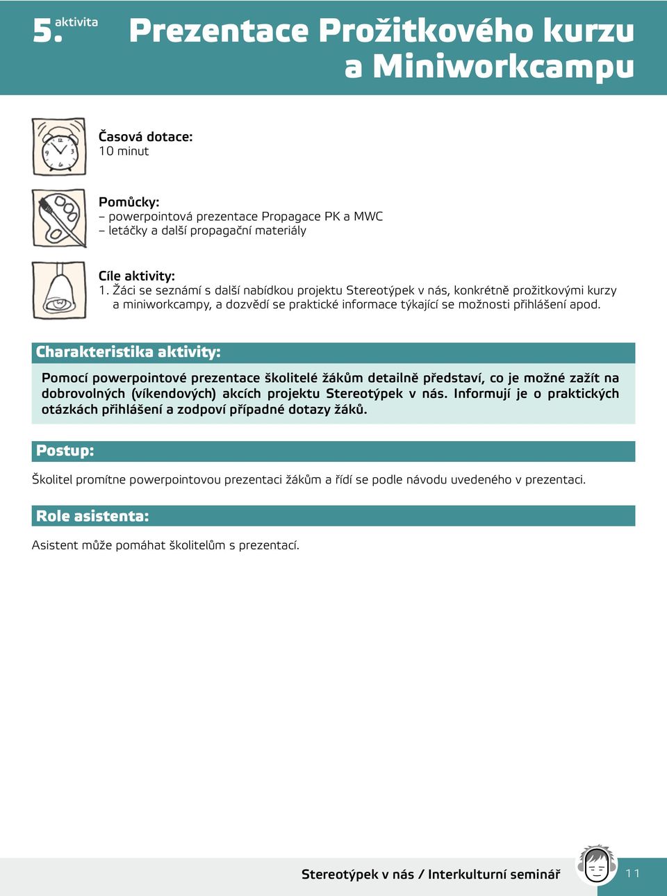 Charakteristika aktivity: Pomocí powerpointové prezentace školitelé žákům detailně představí, co je možné zažít na dobrovolných (víkendových) akcích projektu Stereotýpek v nás.