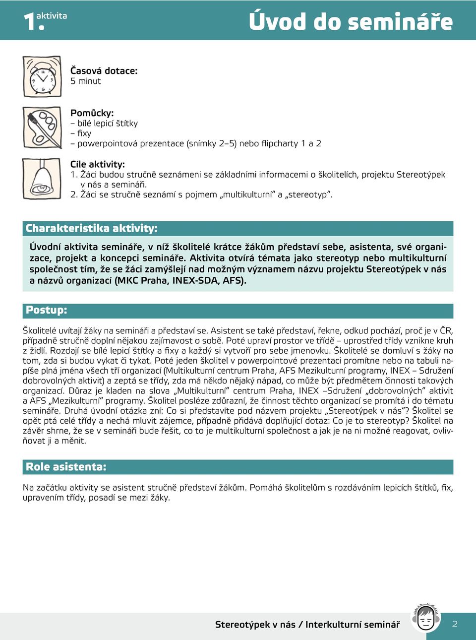 Charakteristika aktivity: Úvodní aktivita semináře, v níž školitelé krátce žákům představí sebe, asistenta, své organizace, projekt a koncepci semináře.