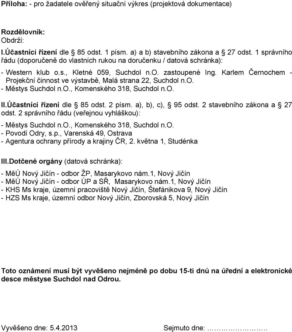 Karlem Černochem - Projekční činnost ve výstavbě, Malá strana 22, Suchdol n.o. - Městys Suchdol n.o., Komenského 318, Suchdol n.o. II.Účastníci řízení dle 85 odst. 2 písm. a), b), c), 95 odst.