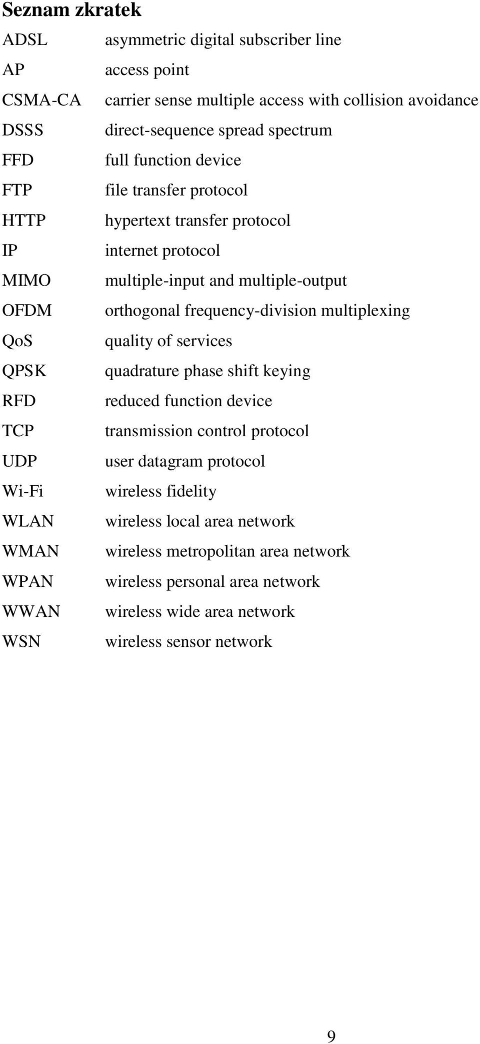 multiplexing QoS quality of services QPSK quadrature phase shift keying RFD reduced function device TCP transmission control protocol UDP user datagram protocol Wi-Fi wireless