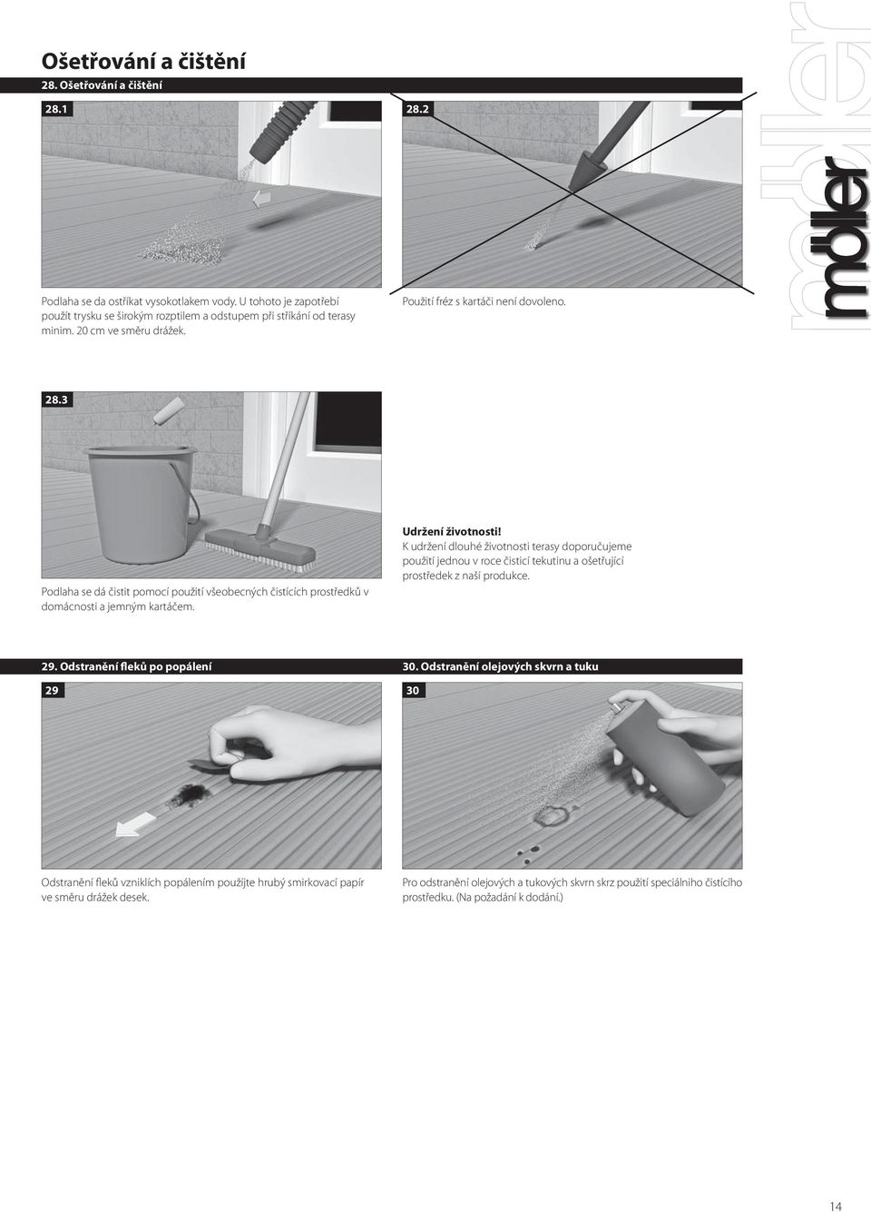 K udržení dlouhé životnosti terasy doporučujeme použití jednou v roce čisticí tekutinu a ošetřující prostředek z naší produkce. 29. Odstranění fleků po popálení 30.