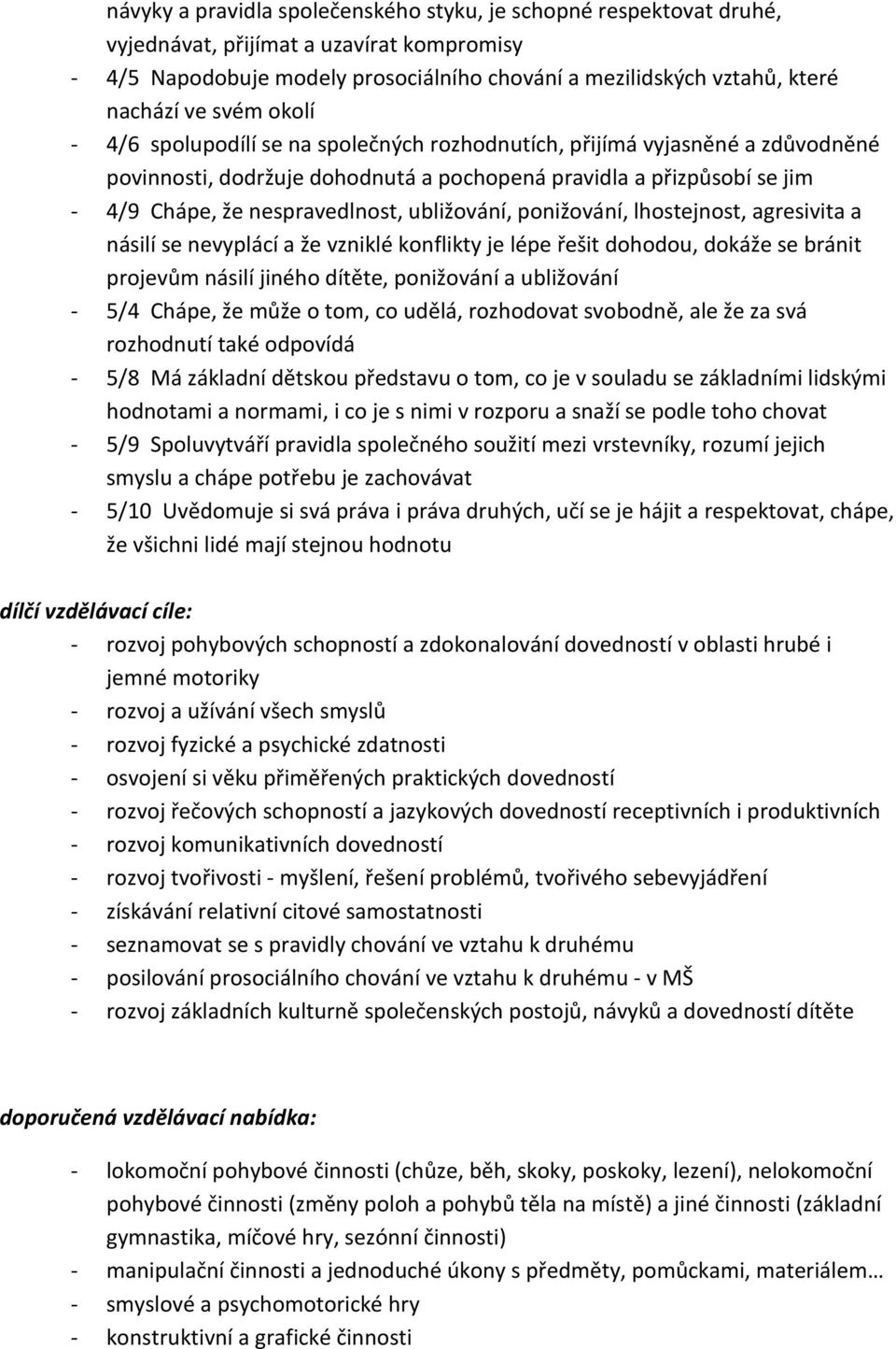 ubližování, ponižování, lhostejnost, agresivita a násilí se nevyplácí a že vzniklé konflikty je lépe řešit dohodou, dokáže se bránit projevům násilí jiného dítěte, ponižování a ubližování - 5/4