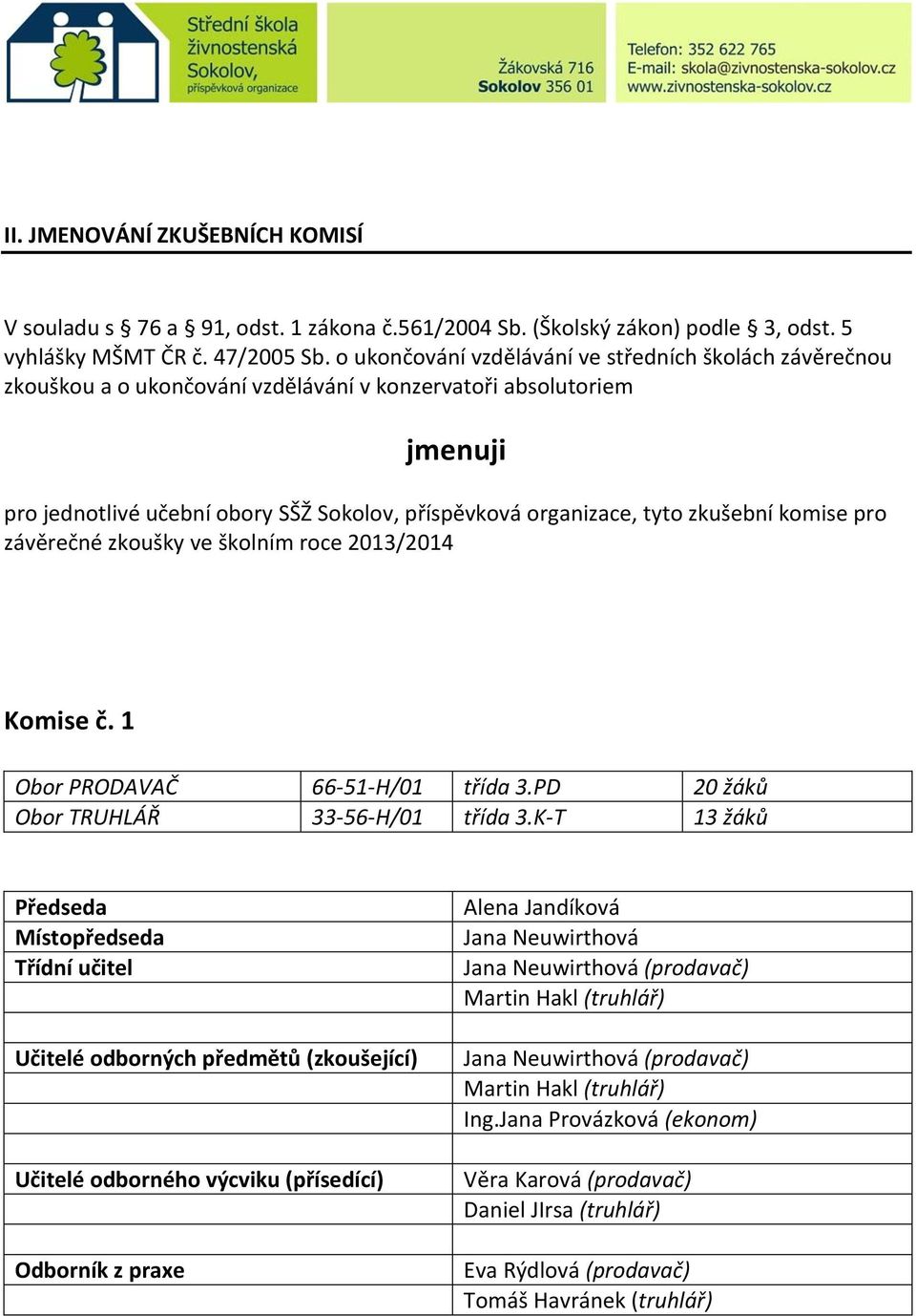 zkušební komise pro závěrečné zkoušky ve školním roce 2013/2014 Komise č. 1 Obor PRODAVAČ 66-51-H/01 třída 3.PD 20 žáků Obor TRUHLÁŘ 33-56-H/01 třída 3.