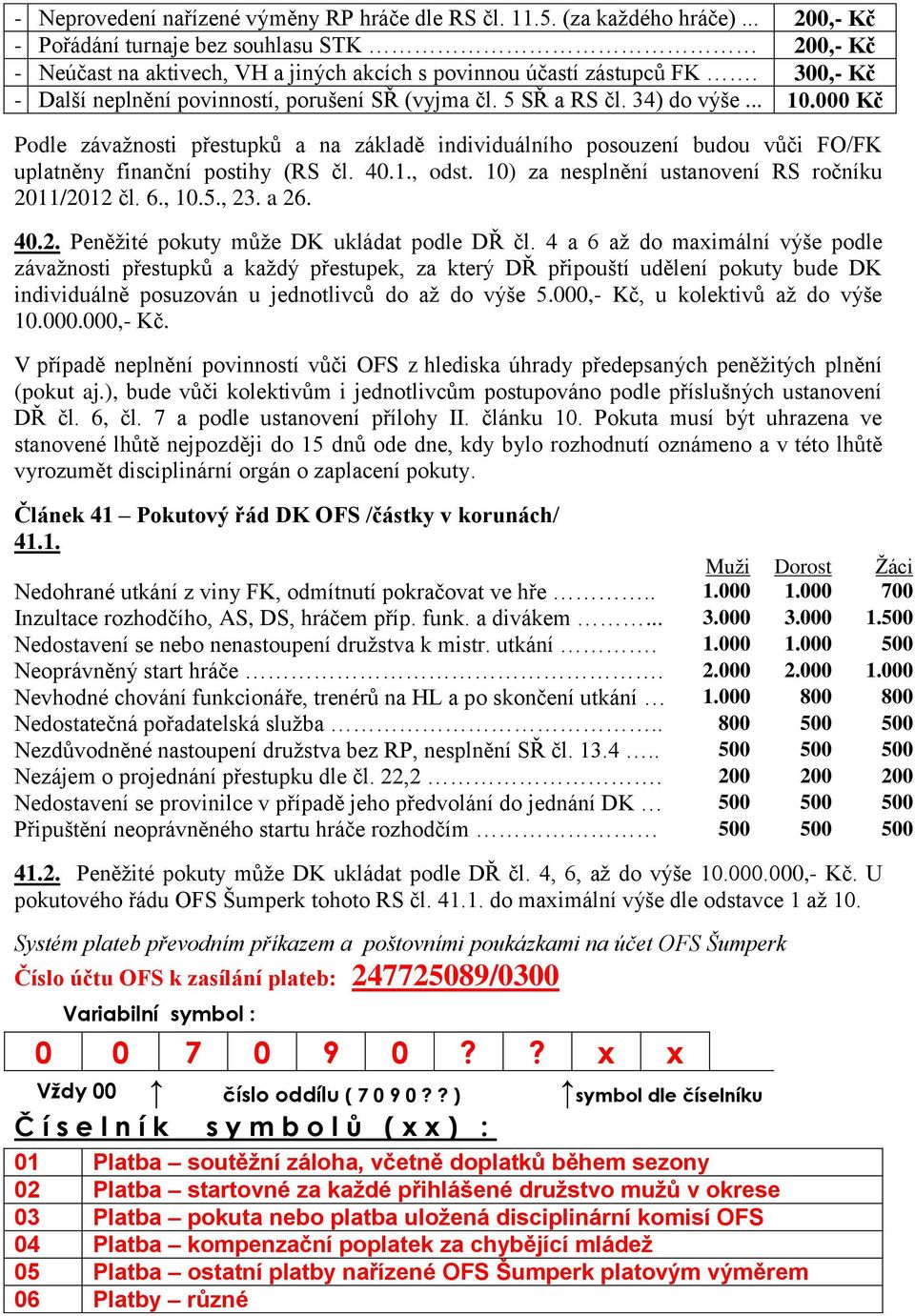 5 SŘ a RS čl. 34) do výše... 10.000 Kč Podle závažnosti přestupků a na základě individuálního posouzení budou vůči FO/FK uplatněny finanční postihy (RS čl. 40.1., odst.