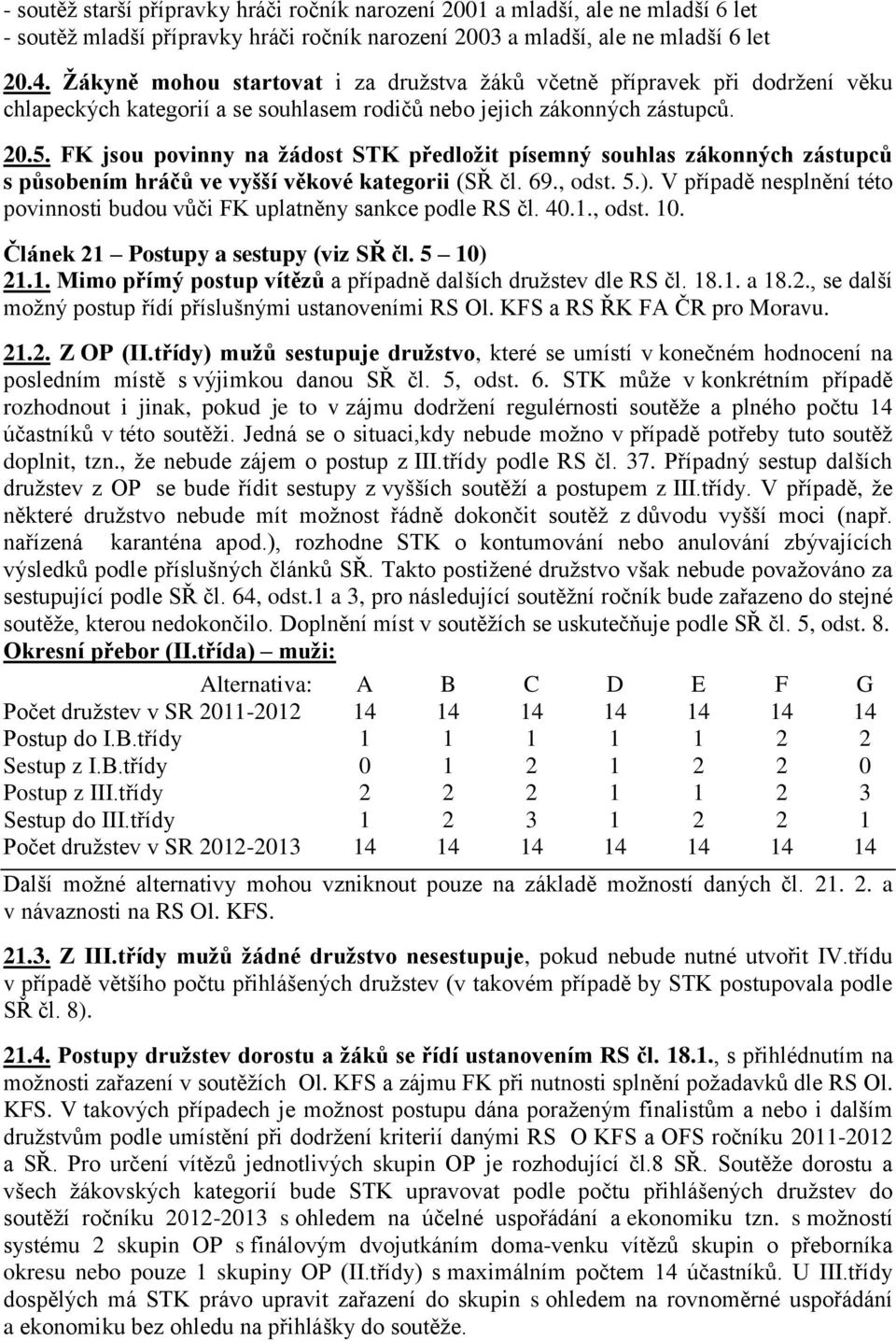 FK jsou povinny na žádost STK předložit písemný souhlas zákonných zástupců s působením hráčů ve vyšší věkové kategorii (SŘ čl. 69., odst. 5.).