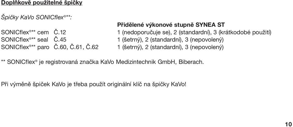 45 1 (šetrný), 2 (standardní), 3 (nepovolený) SONICflex ** paro Č.60, Č.61, Č.