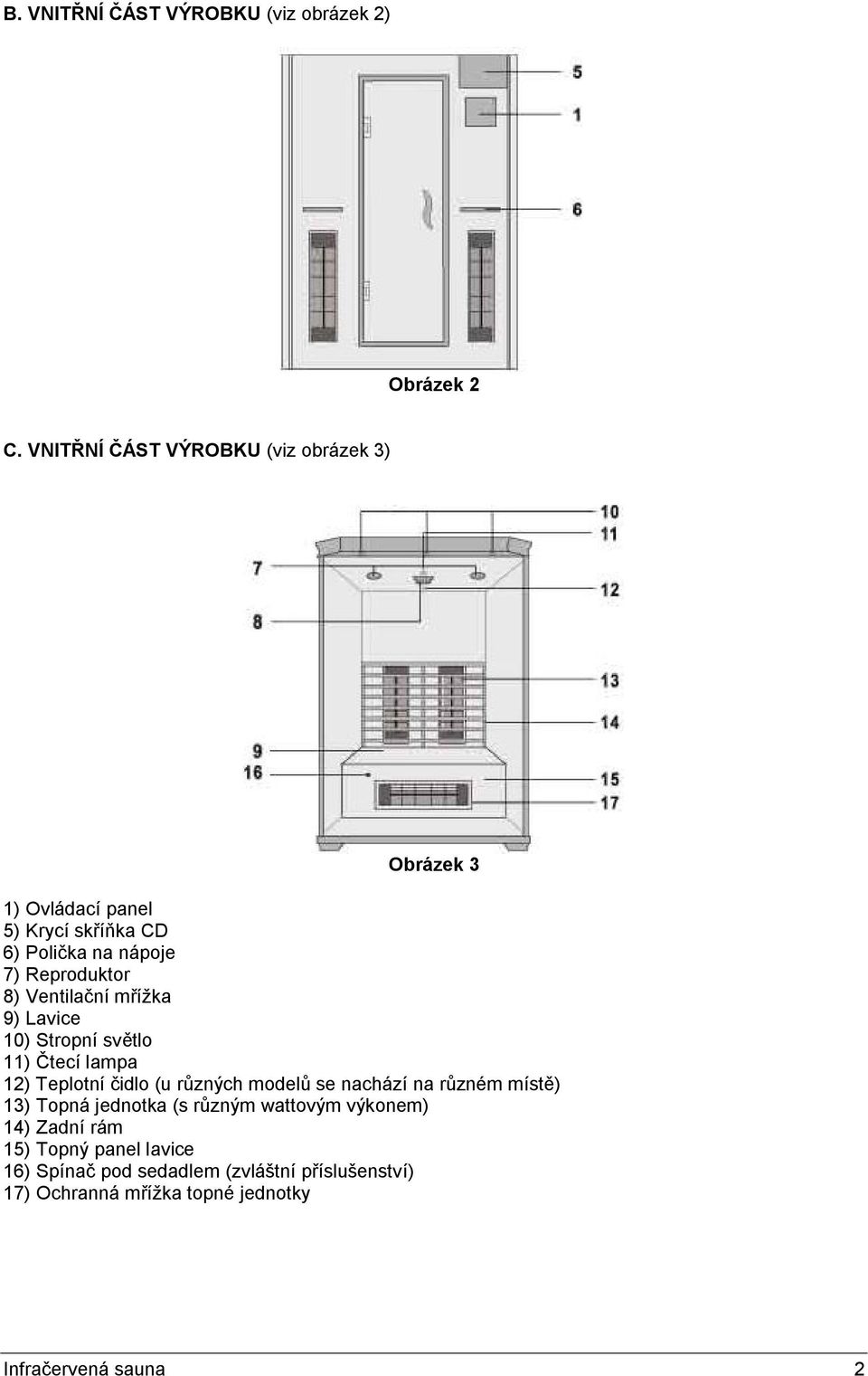 Ventilační mřížka 9) Lavice 10) Stropní světlo 11) Čtecí lampa 12) Teplotní čidlo (u různých modelů se nachází na různém