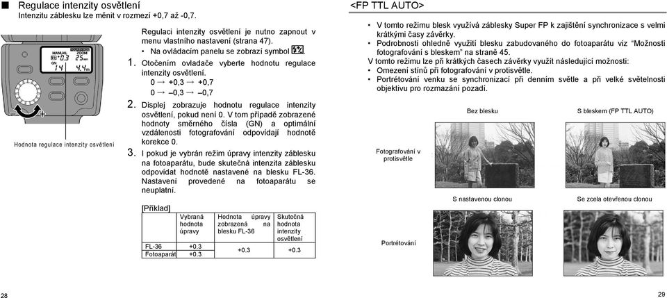 V tom případě zobrazené hodnoty směrného čísla (GN) a optimální vzdálenosti fotografování odpovídají hodnotě korekce 0. 3.