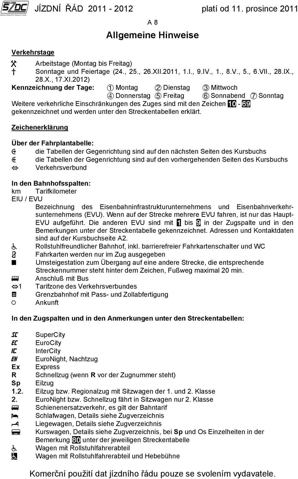 2012) Kennzeichnung der Tage: Montag Dienstag Mittwoch Donnerstag Freitag Sonnabend Sonntag Weitere verkehrliche Einschränkungen des Zuges sind mit den Zeichen - gekennzeichnet und werden unter den