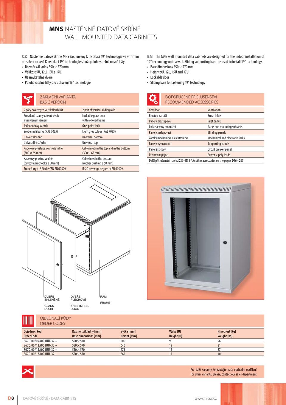 Rozměr základny 550 570 mm Velikost 9U, 12U, 15U a 17U Uzamykatelné dveře Polohovatelné lišty pro uchycení 19" technologie EN The MNS wall mounted data cabinets are designed for the indoor