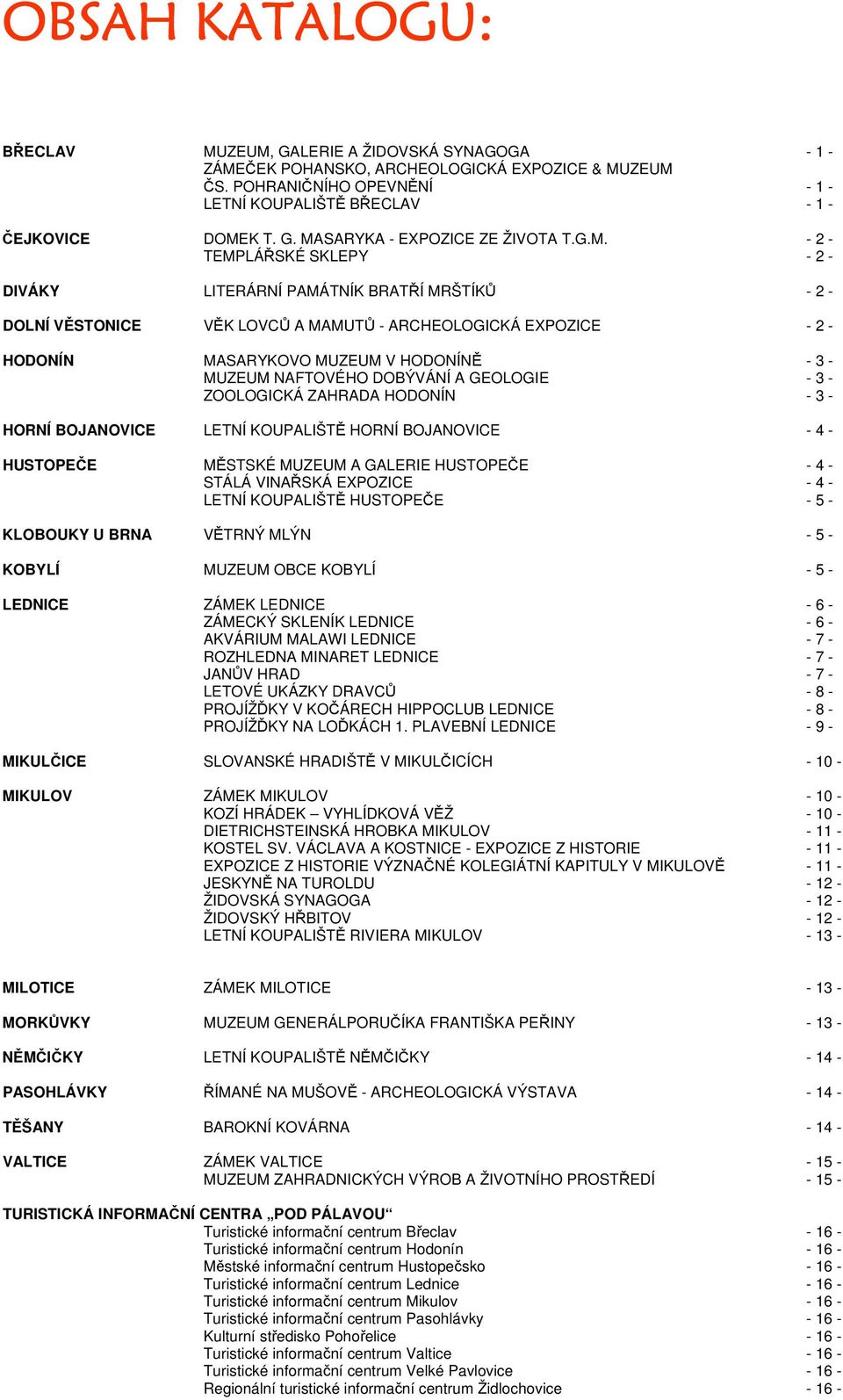 NAFTOVÉHO DOBÝVÁNÍ A GEOLOGIE - 3 - ZOOLOGICKÁ ZAHRADA HODONÍN - 3 - HORNÍ BOJANOVICE LETNÍ KOUPALIŠTĚ HORNÍ BOJANOVICE - 4 - HUSTOPEČE MĚSTSKÉ MUZEUM A GALERIE HUSTOPEČE - 4 - STÁLÁ VINAŘSKÁ