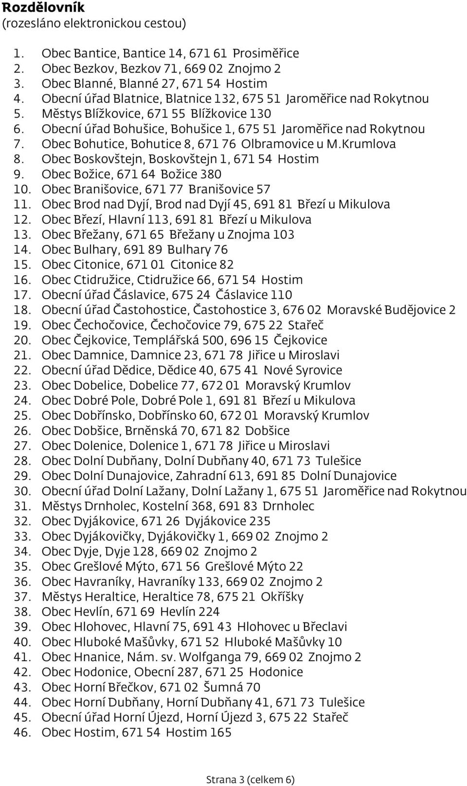 Obec Bohutice, Bohutice 8, 671 76 Olbramovice u M.Krumlova 8. Obec Boskovštejn, Boskovštejn 1, 671 54 Hostim 9. Obec Božice, 671 64 Božice 380 10. Obec Branišovice, 671 77 Branišovice 57 11.