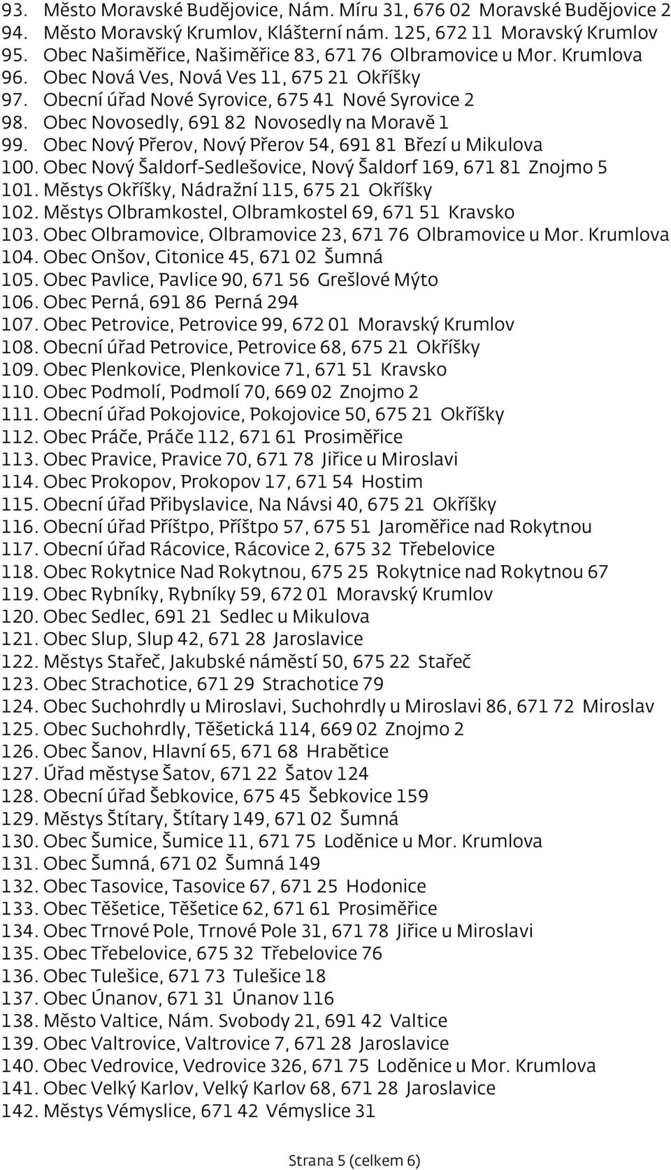 Obec Novosedly, 691 82 Novosedly na Moravě 1 99. Obec Nový Přerov, Nový Přerov 54, 691 81 Březí u Mikulova 100. Obec Nový Šaldorf-Sedlešovice, Nový Šaldorf 169, 671 81 Znojmo 5 101.