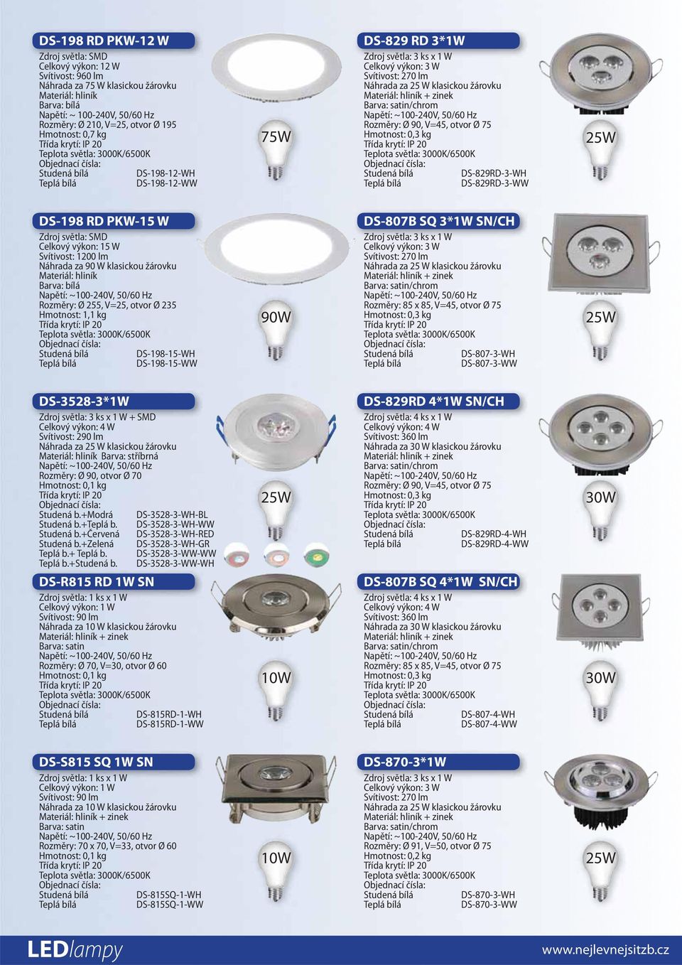 90W DS-807B SQ 3*1W SN/CH + zinek Rozměry: 85 x 85, V=45, otvor Ø 75 DS-807-3-WH DS-807-3-WW DS-3528-3*1W + SMD Svítivost: 290 lm Rozměry: Ø 90, otvor Ø 70 Studená b.+modrá DS-3528-3-WH-BL Studená b.