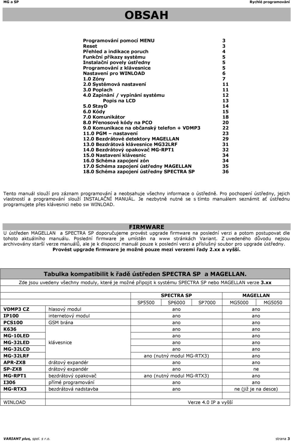 0 Komunikace na občanský telefon + VDMP3 22 11.0 PGM nastavení 23 12.0 Bezdrátové detektory MAGELLAN 29 13.0 Bezdrátová klávesnice MG32LRF 31 14.0 Bezdrátový opakovač MG-RPT1 32 15.