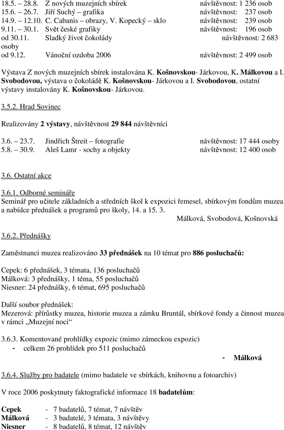 Svobodovou, výstava o čokoládě K. Košnovskou- Járkovou a I. Svobodovou, ostatní výstavy instalovány K. Košnovskou- Járkovou. 3.5.2.