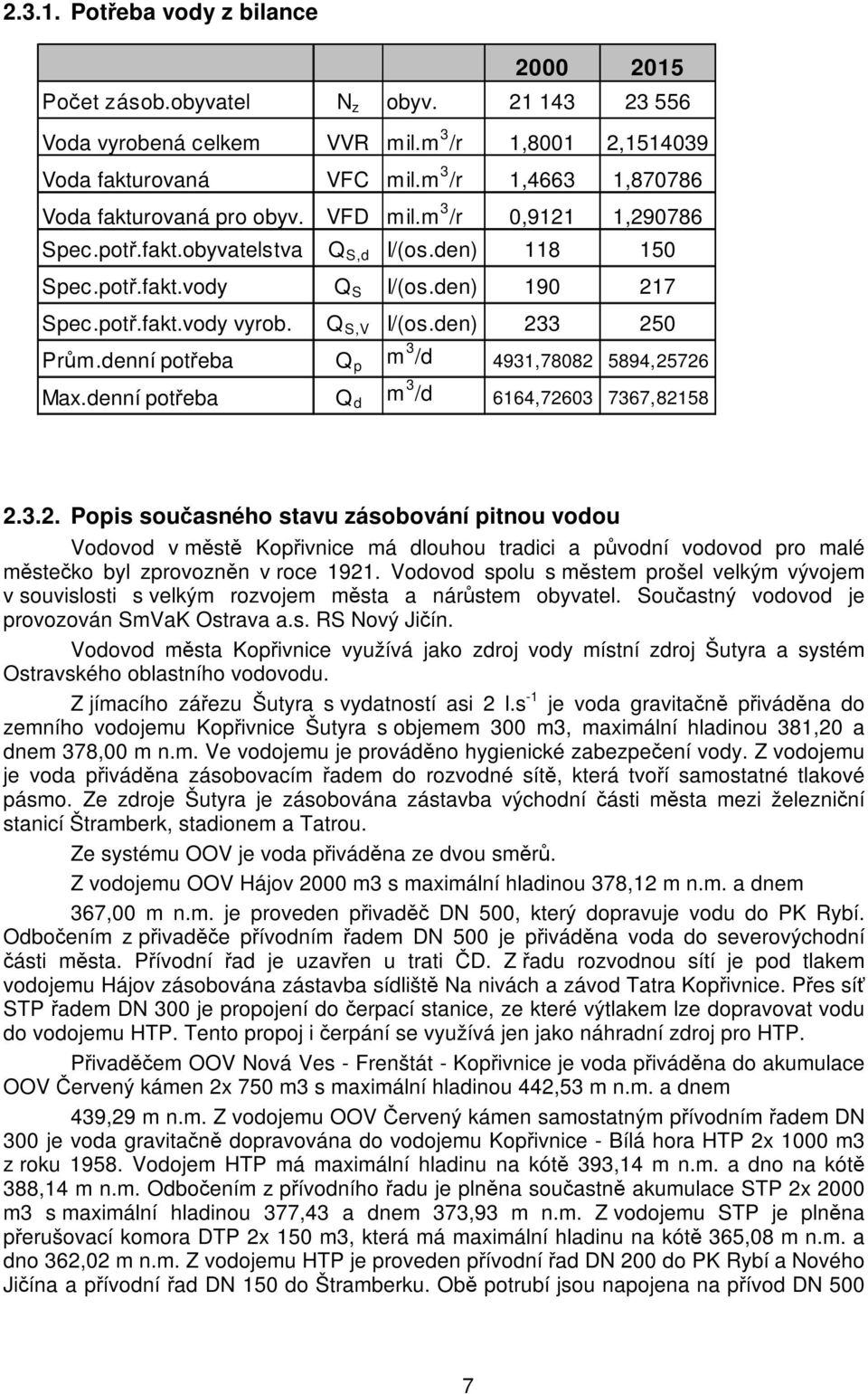 Q S,V I/(os.den) 233 250 Prům.denní potřeba Q p m 3 /d 4931,78082 5894,25726 Max.denní potřeba Q d m 3 /d 6164,72603 7367,82158 2.3.2. Popis současného stavu zásobování pitnou vodou Vodovod v městě Kopřivnice má dlouhou tradici a původní vodovod pro malé městečko byl zprovozněn v roce 1921.