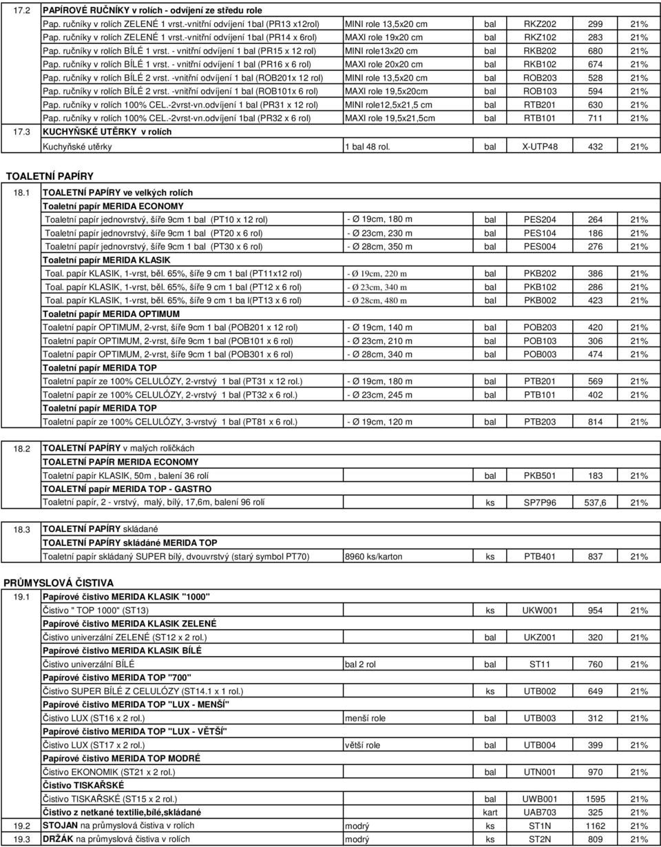 - vnitřní odvíjení 1 bal (PR15 x 12 rol) MINI role13x20 cm bal RKB202 680 21% Pap. ručníky v rolích BÍLÉ 1 vrst. - vnitřní odvíjení 1 bal (PR16 x 6 rol) MAXI role 20x20 cm bal RKB102 674 21% Pap.