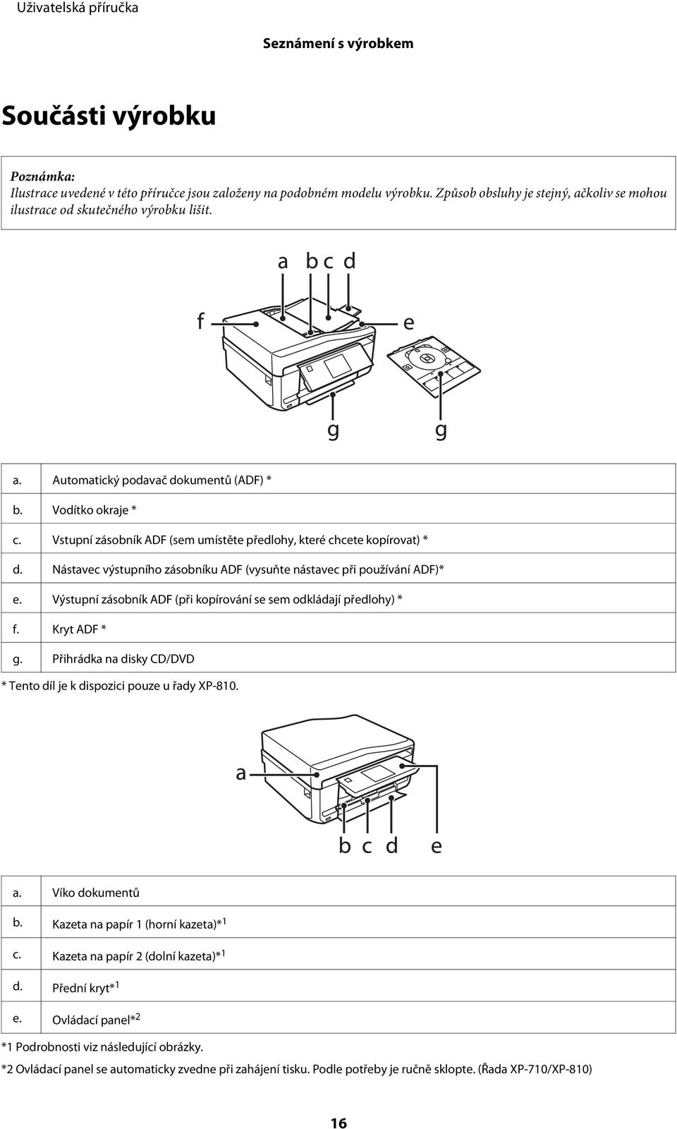Výstupní zásobník ADF (při kopírování se sem odkládají předlohy) * f. Kryt ADF * g. Přihrádka na disky CD/DVD * Tento díl je k dispozici pouze u řady XP-810. a. Víko dokumentů b.