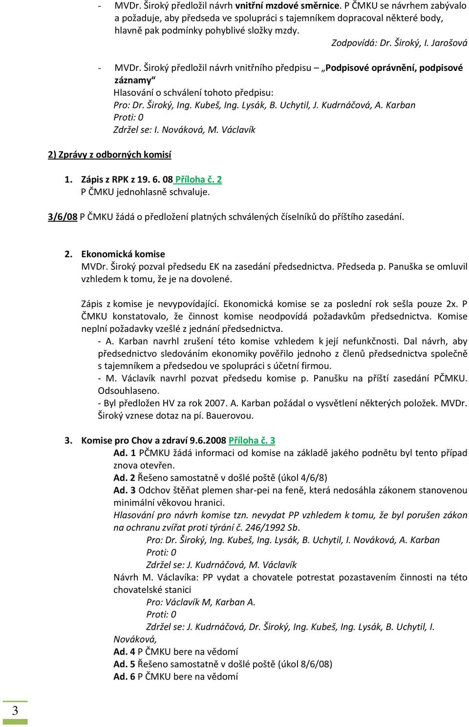 Široký předložil návrh vnitřního předpisu Podpisové oprávnění, podpisové záznamy Hlasování o schválení tohoto předpisu: Pro: Dr. Široký, Ing. Kubeš, Ing. Lysák, B. Uchytil, J. Kudrnáčová, A.