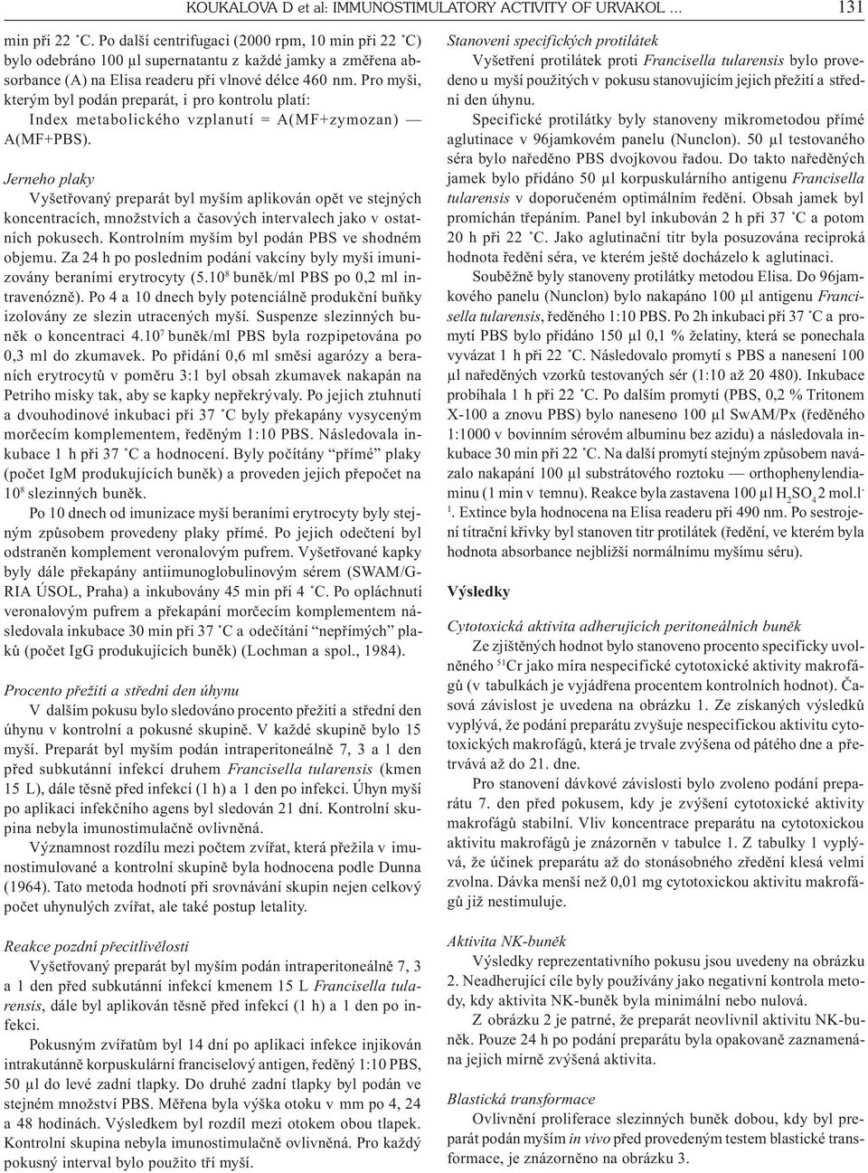 Pro myši, kterým byl podán preparát, i pro kontrolu platí: Index metabolického vzplanutí = A(MF+zymozan) A(MF+PBS).