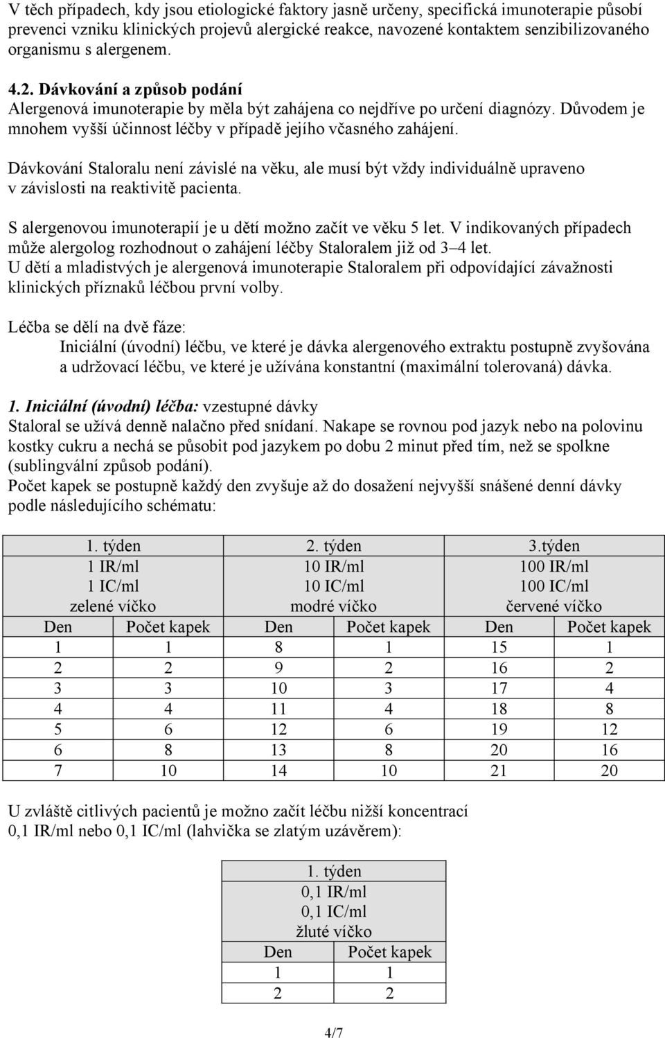 Dávkování Staloralu není závislé na věku, ale musí být vždy individuálně upraveno v závislosti na reaktivitě pacienta. S alergenovou imunoterapií je u dětí možno začít ve věku 5 let.