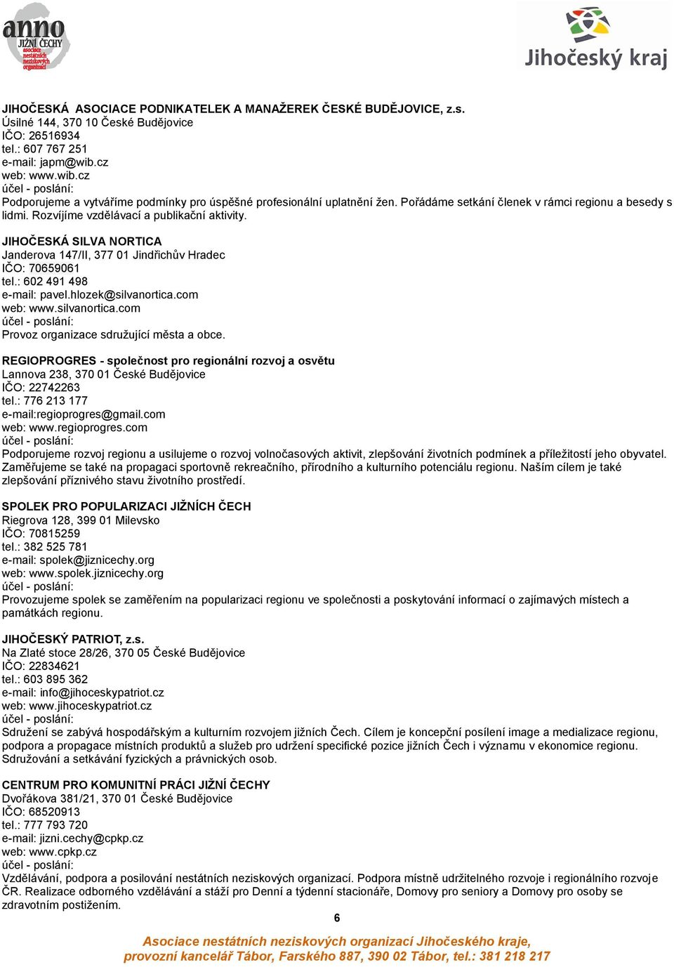 JIHOČESKÁ SILVA NORTICA Janderova 147/II, 377 01 Jindřichův Hradec IČO: 70659061 tel.: 602 491 498 e-mail: pavel.hlozek@silvanortica.com web: www.silvanortica.com Provoz organizace sdruţující města a obce.