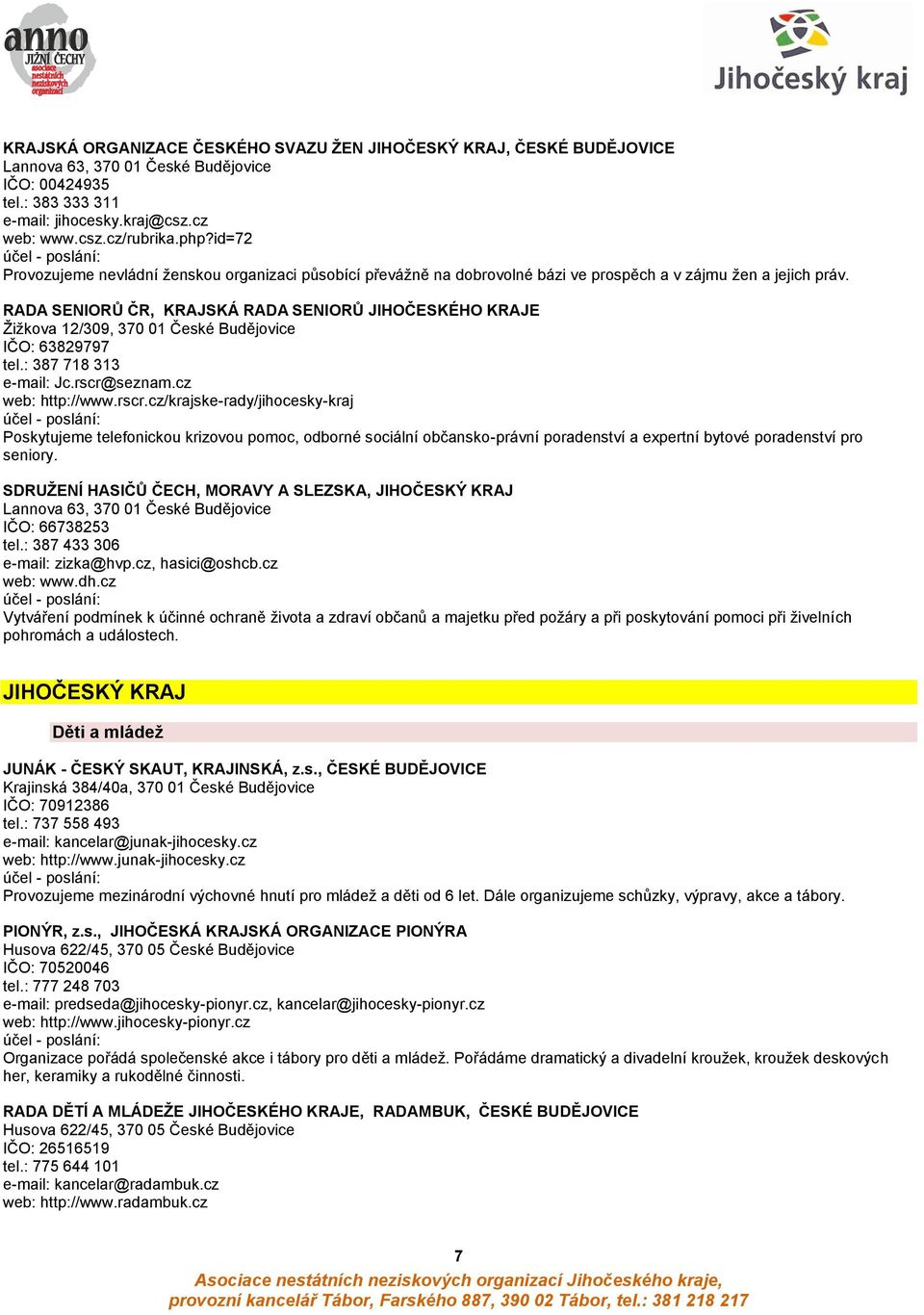 RADA SENIORŦ ČR, KRAJSKÁ RADA SENIORŦ JIHOČESKÉHO KRAJE Ţiţkova 12/309, 370 01 České Budějovice IČO: 63829797 tel.: 387 718 313 e-mail: Jc.rscr@