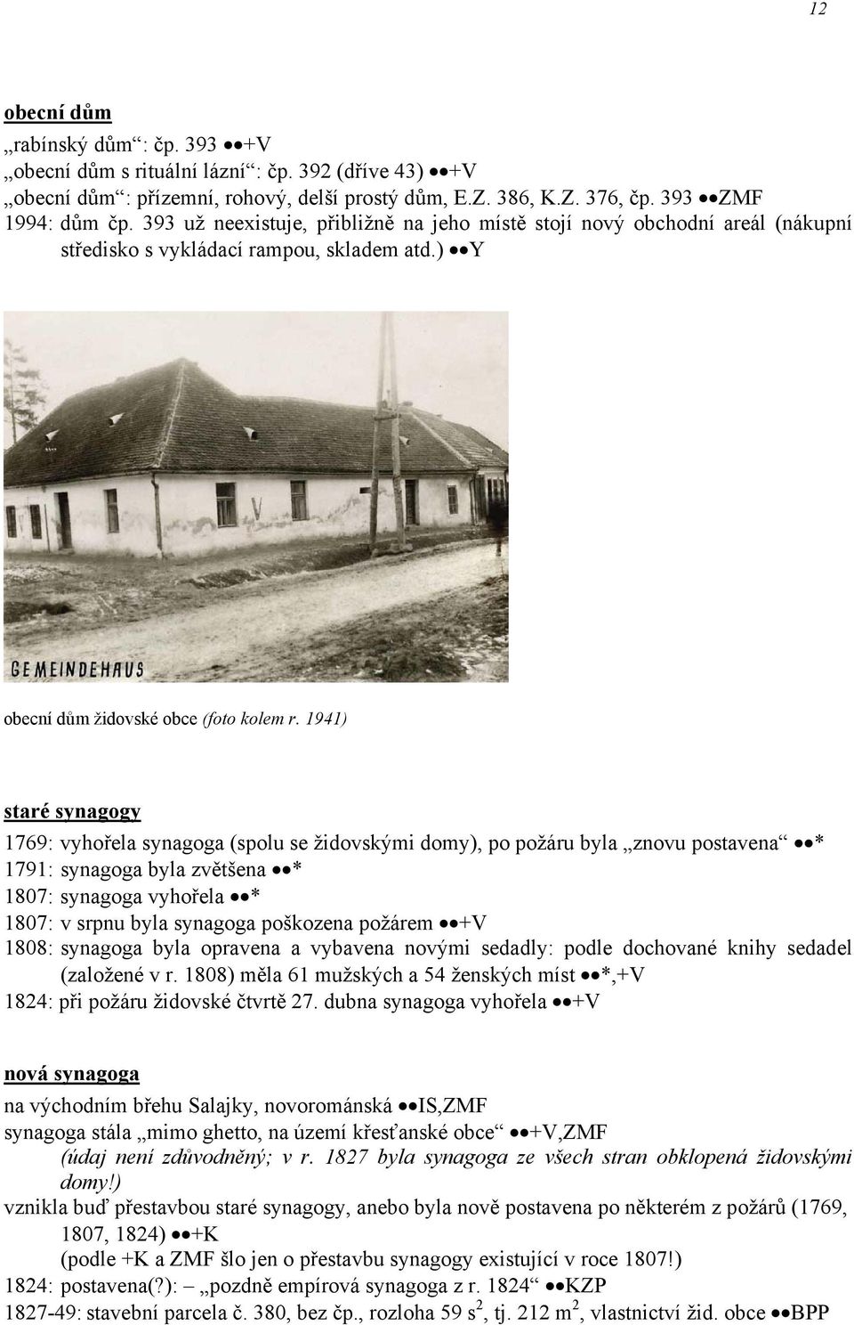 1941) staré synagogy 1769: vyhořela synagoga (spolu se židovskými domy), po požáru byla znovu postavena * 1791: synagoga byla zvětšena * 1807: synagoga vyhořela * 1807: v srpnu byla synagoga